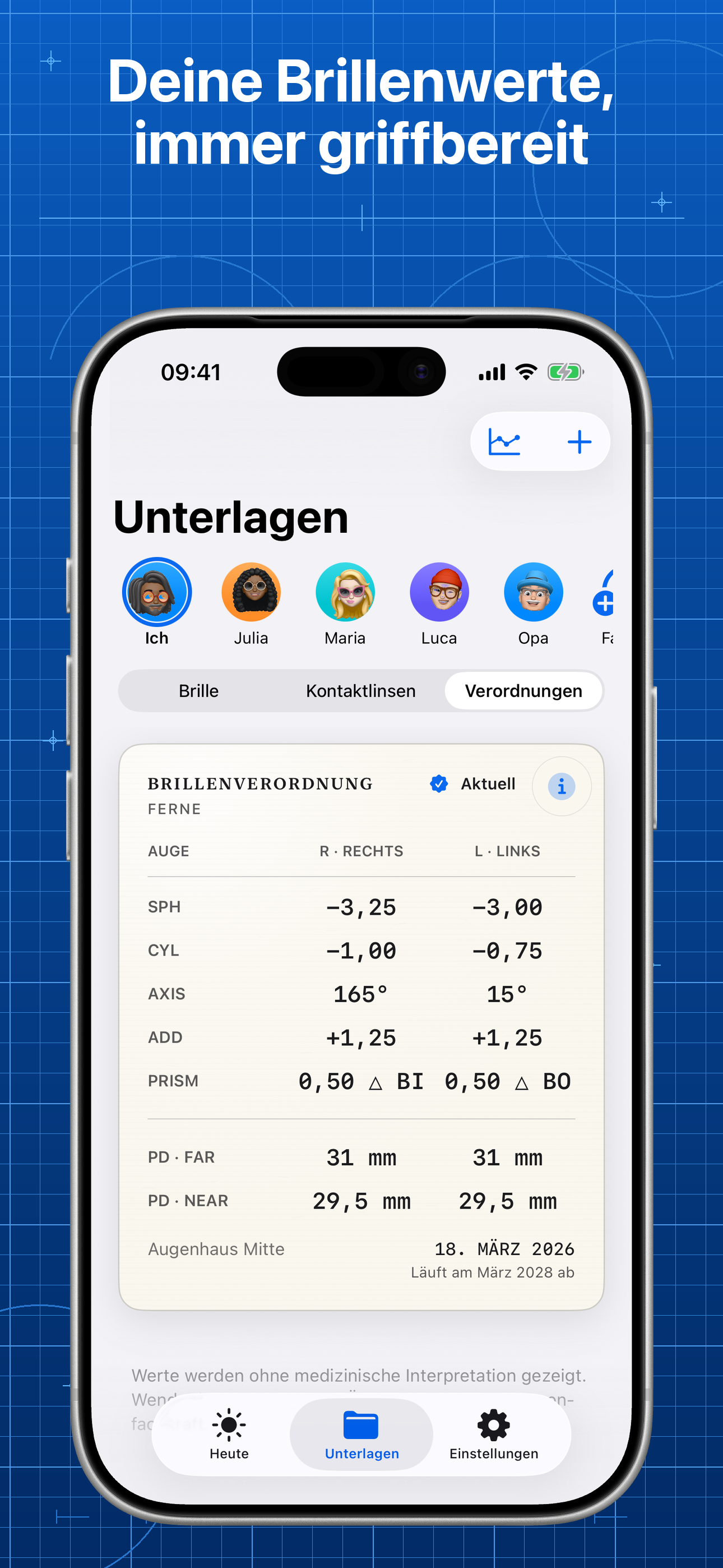 Lentes zeigt eine aktuelle Brillenverordnung in einem Familienprofil