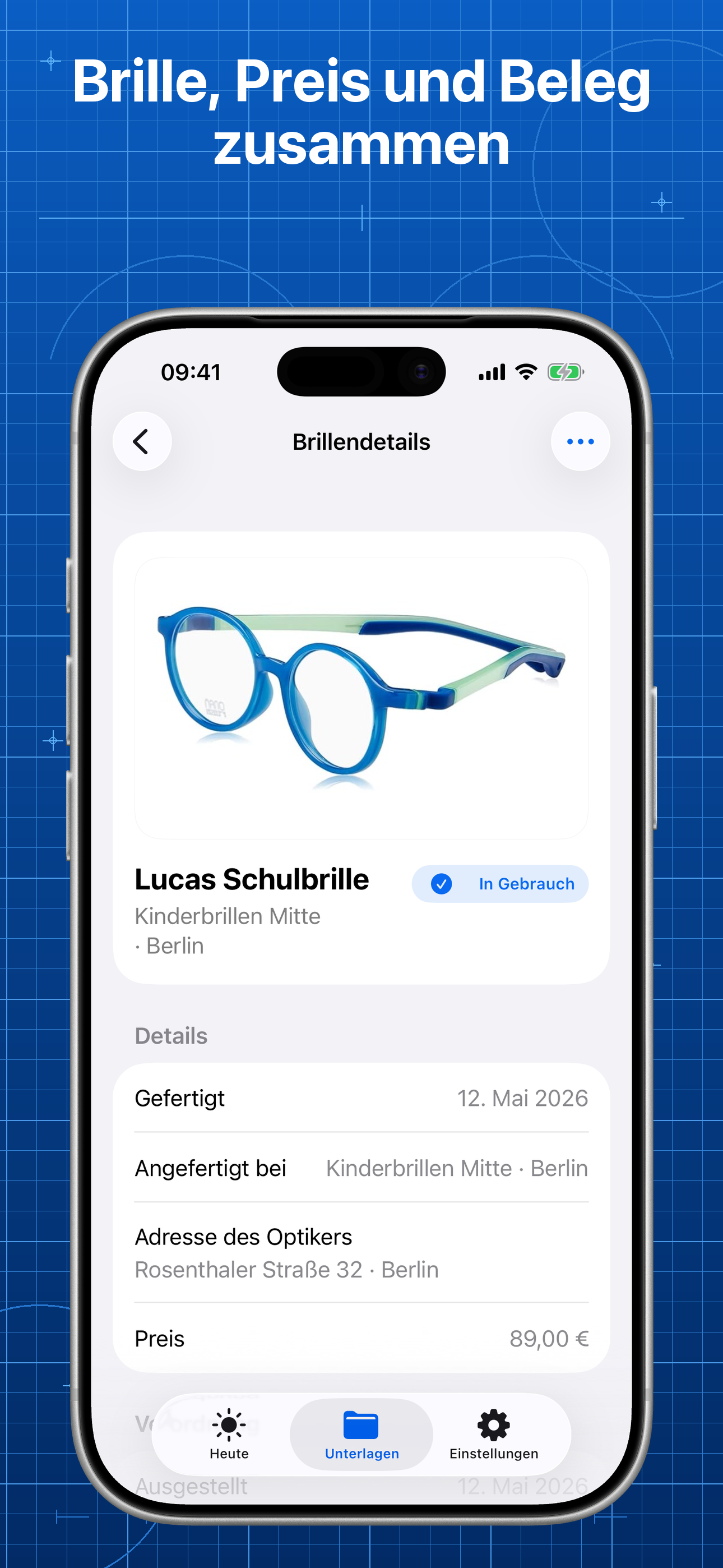 Lentes zeigt Brillendetails, Kaufinformationen und Belege
