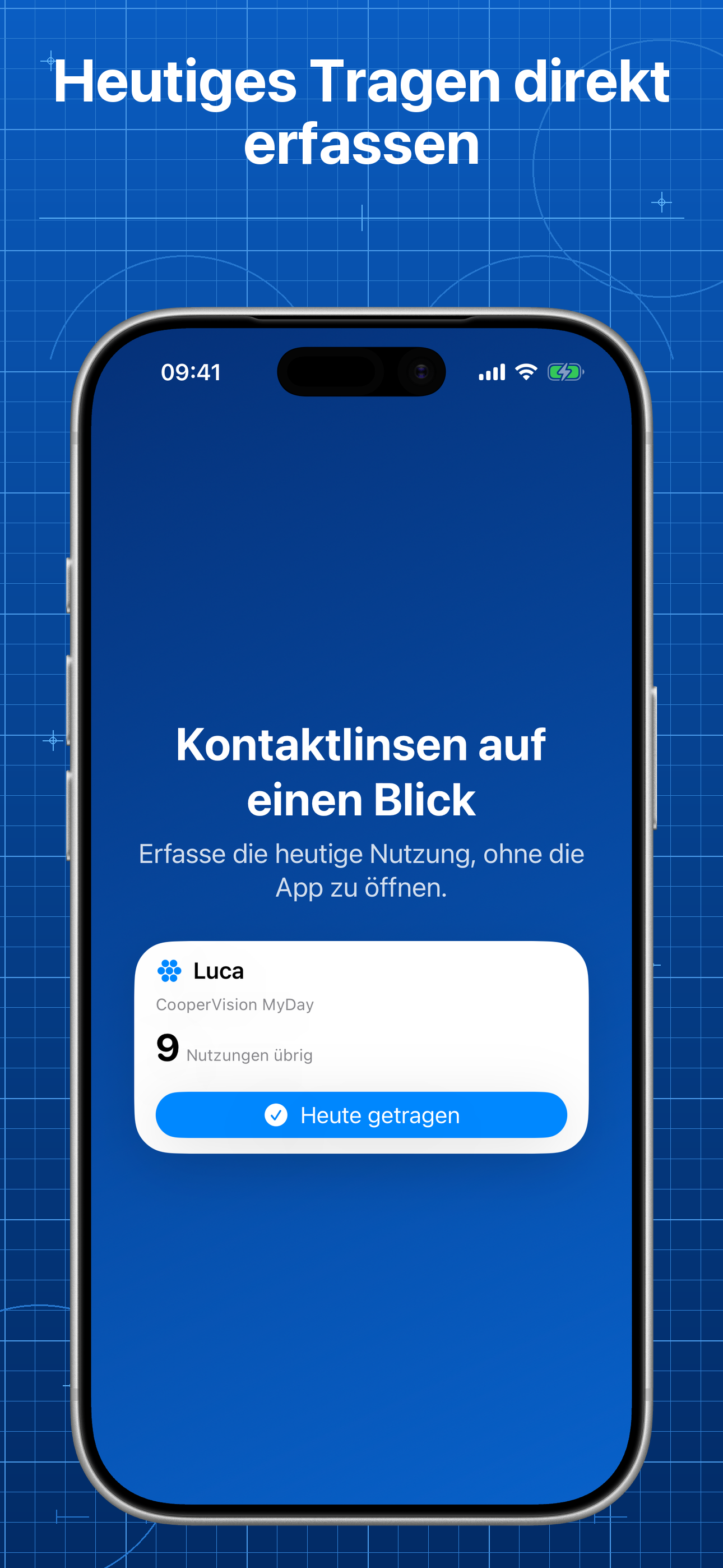 Lentes Widget mit Lucas Vorrat und einer Aktion zum Erfassen des heutigen Tragens