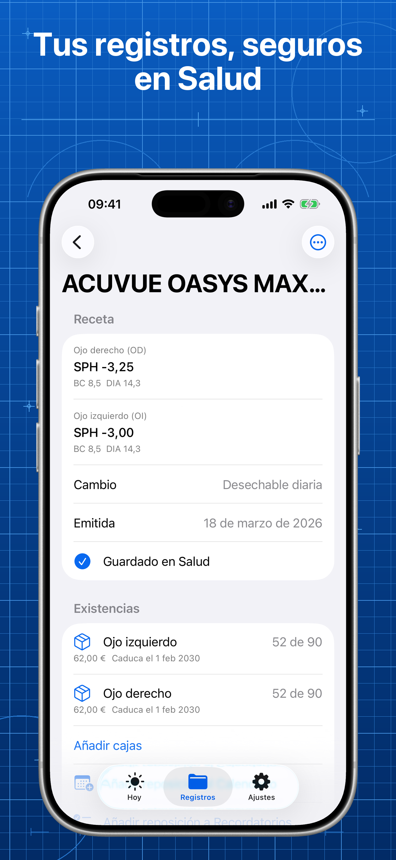 Lentes mostrando una receta compatible lista para guardar en la app Salud