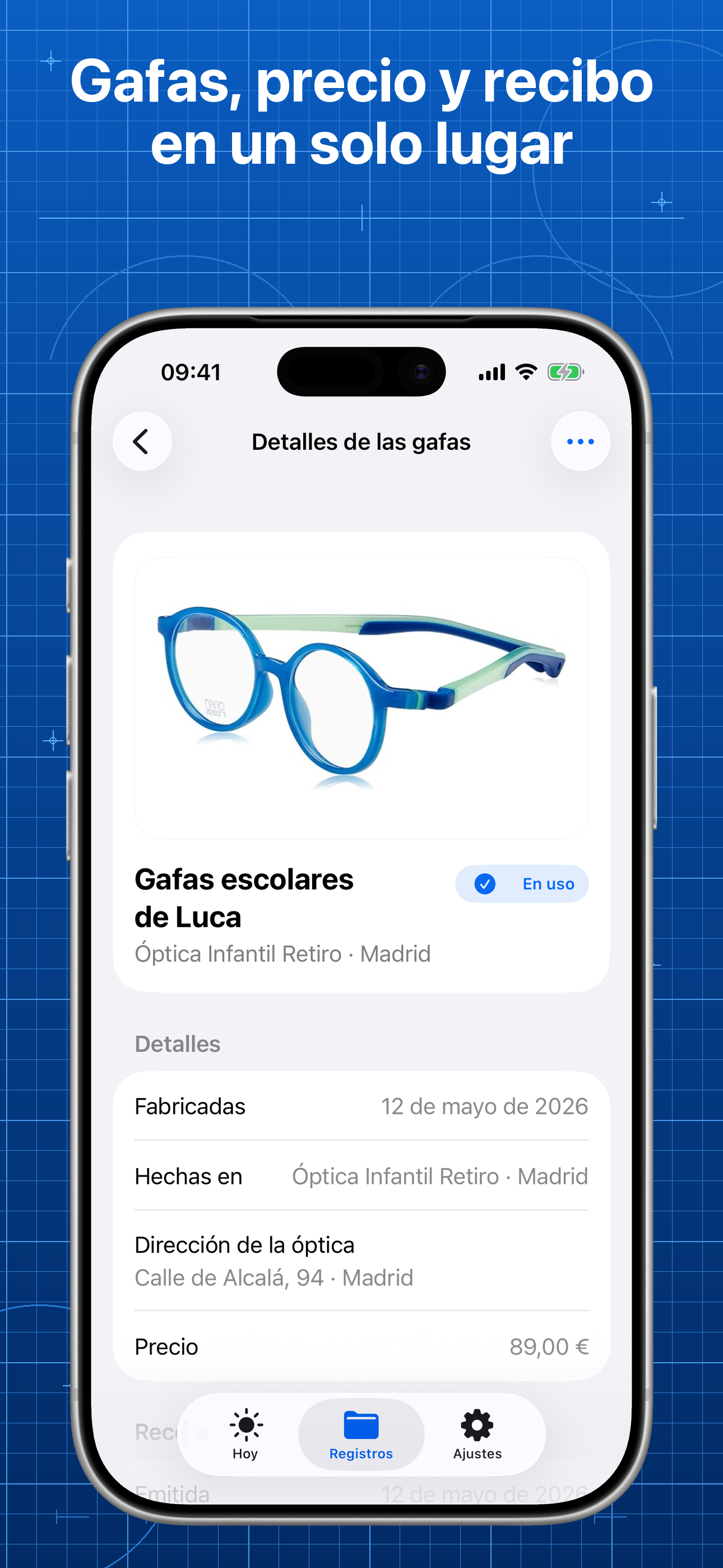 Lentes mostrando detalles de las gafas, información de compra y recibos