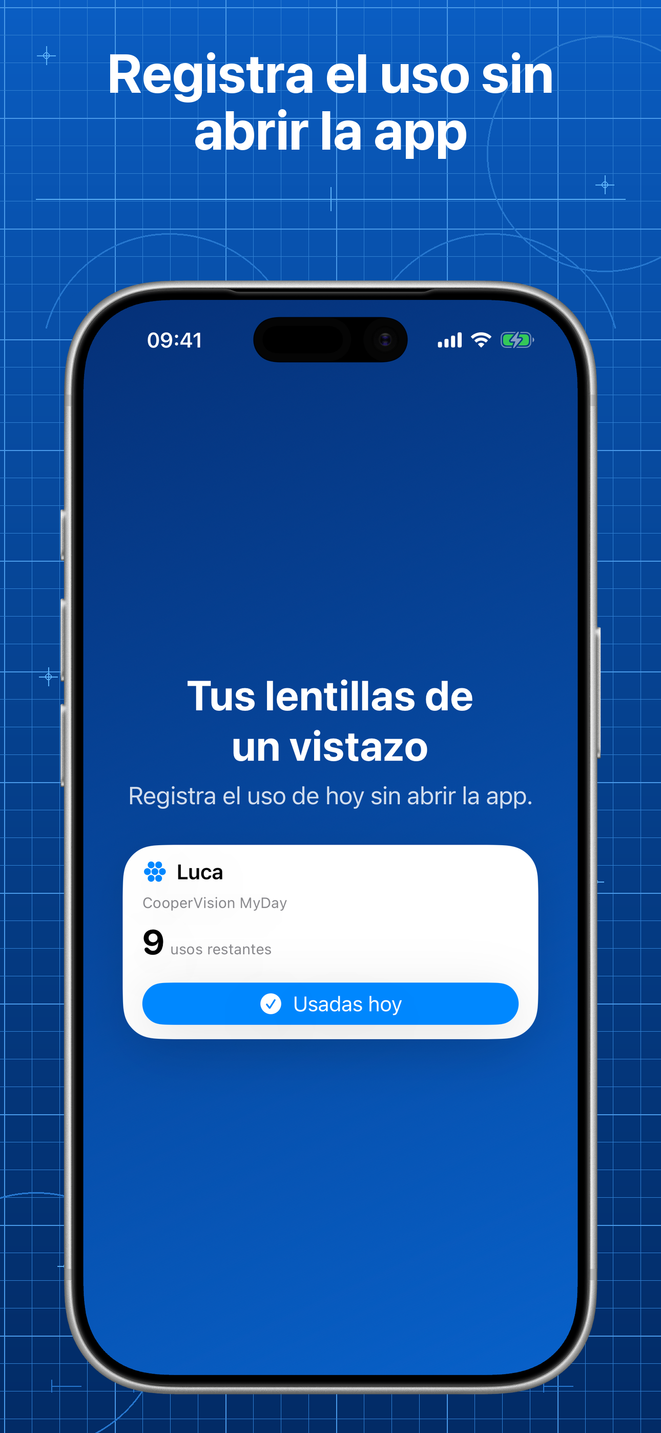 Widget de Lentes mostrando las existencias de Luca y una acción para registrar el uso de hoy