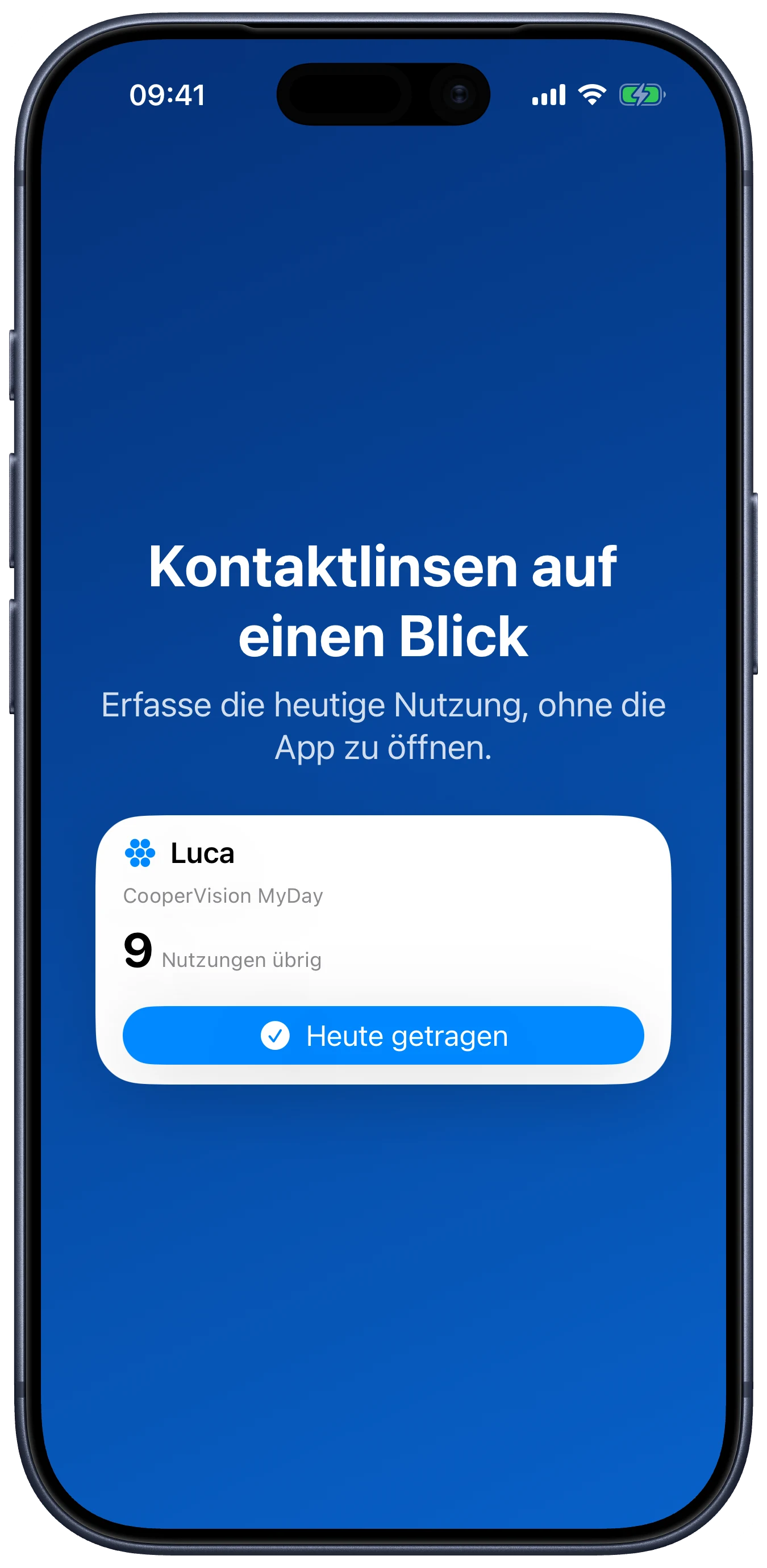 Lentes-Widget mit Kontaktlinsenvorrat und der Taste Heute getragen