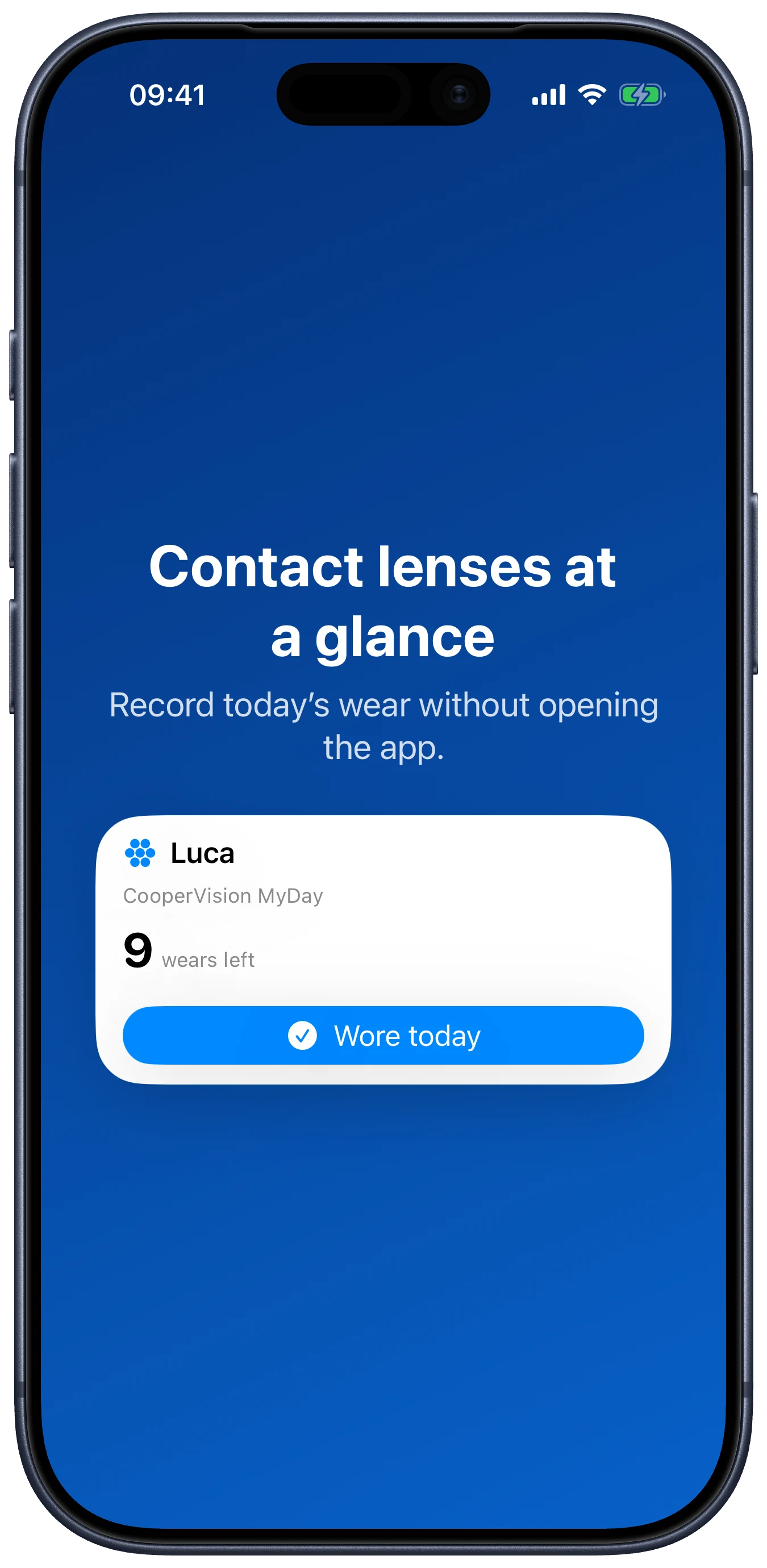 Lentes contact lens widget showing remaining supply and a Wore today button