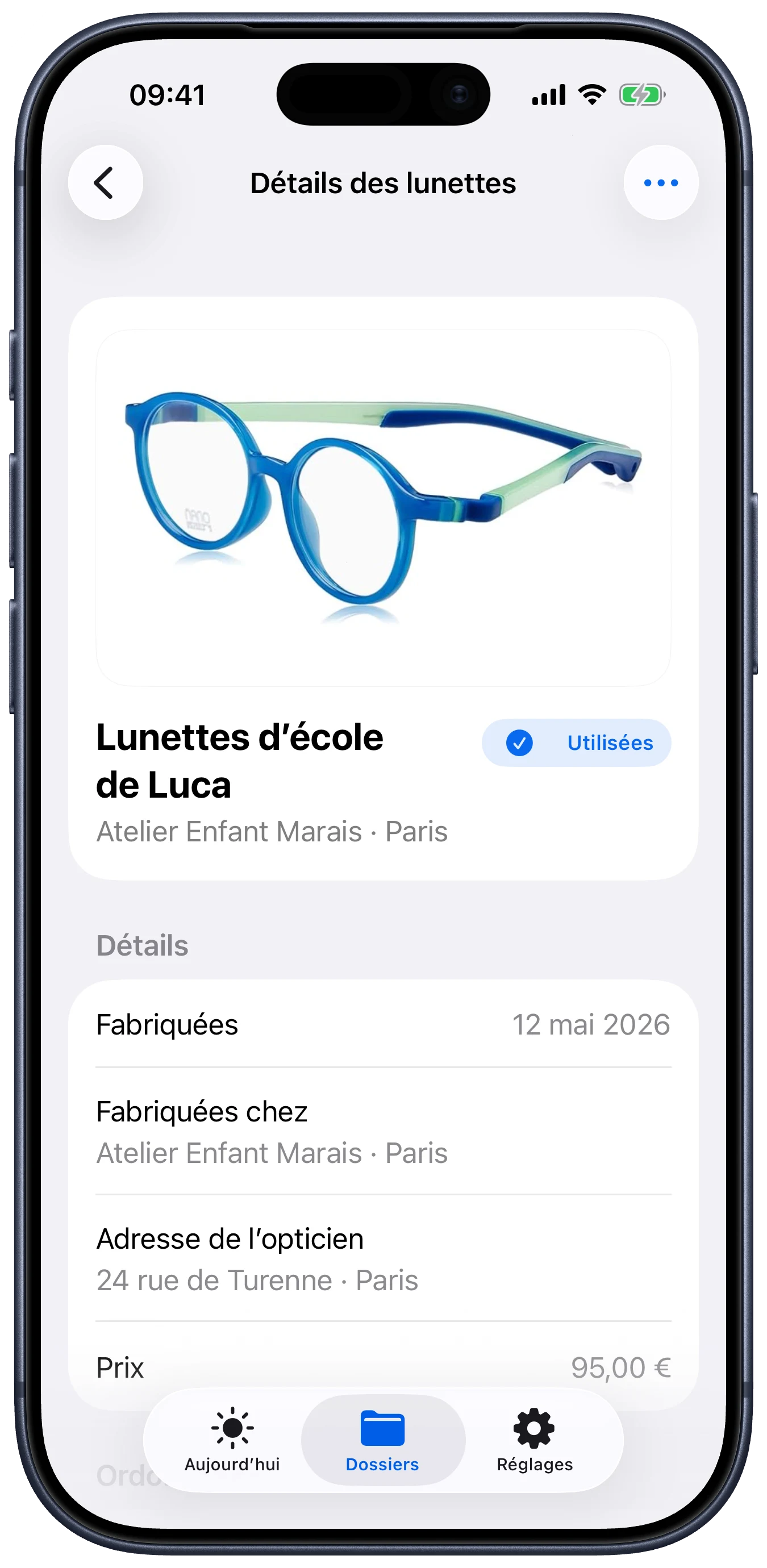 Écran Lentes affichant les détails des lunettes, l’opticien, le prix et le reçu