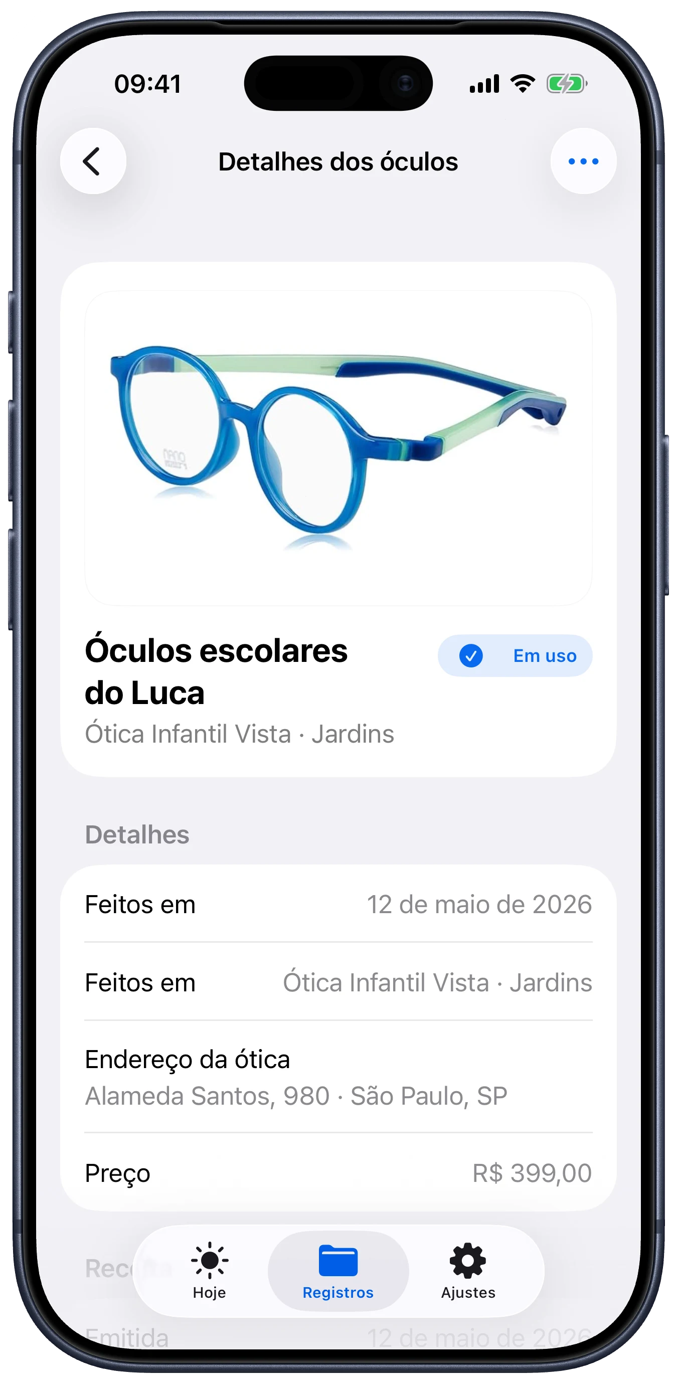 Tela do Lentes com detalhes dos óculos, ótica, preço e comprovante