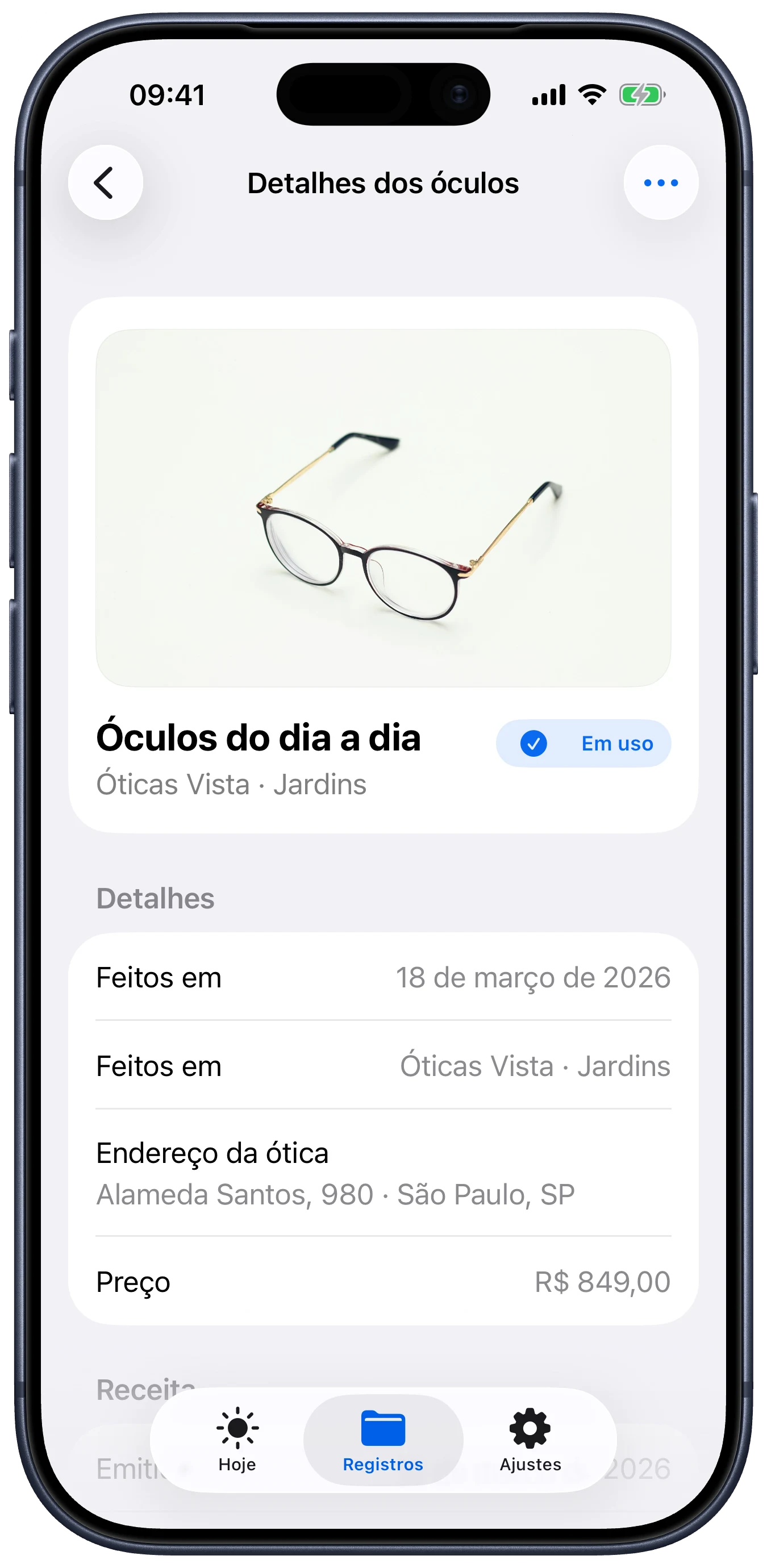 Tela do Lentes com detalhes dos óculos, ótica, preço e comprovante