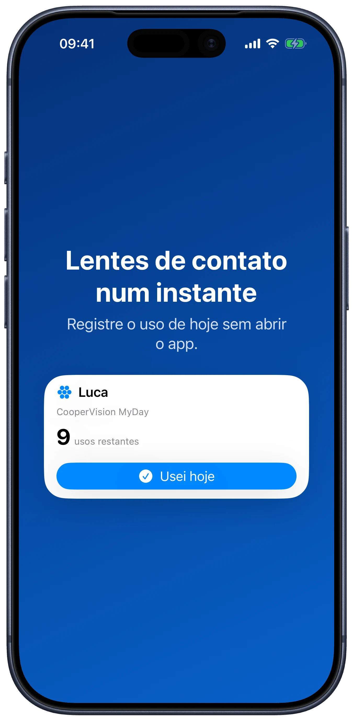 Widget do Lentes mostrando o estoque de lentes de contato e o botão Usei hoje